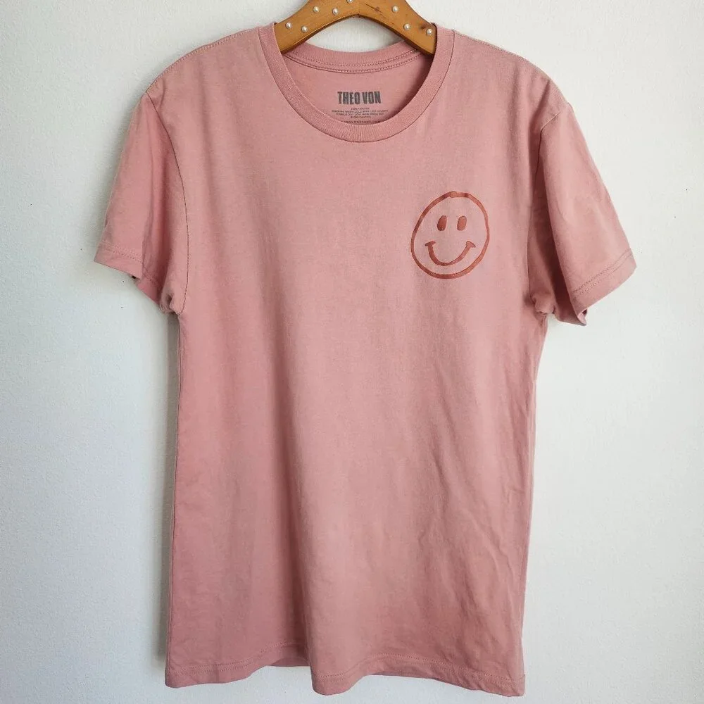 Theo Von Smiley Face Graphic Tee Men's S Dusty Pink Cotton Streetwear - Picture 2 of 8
